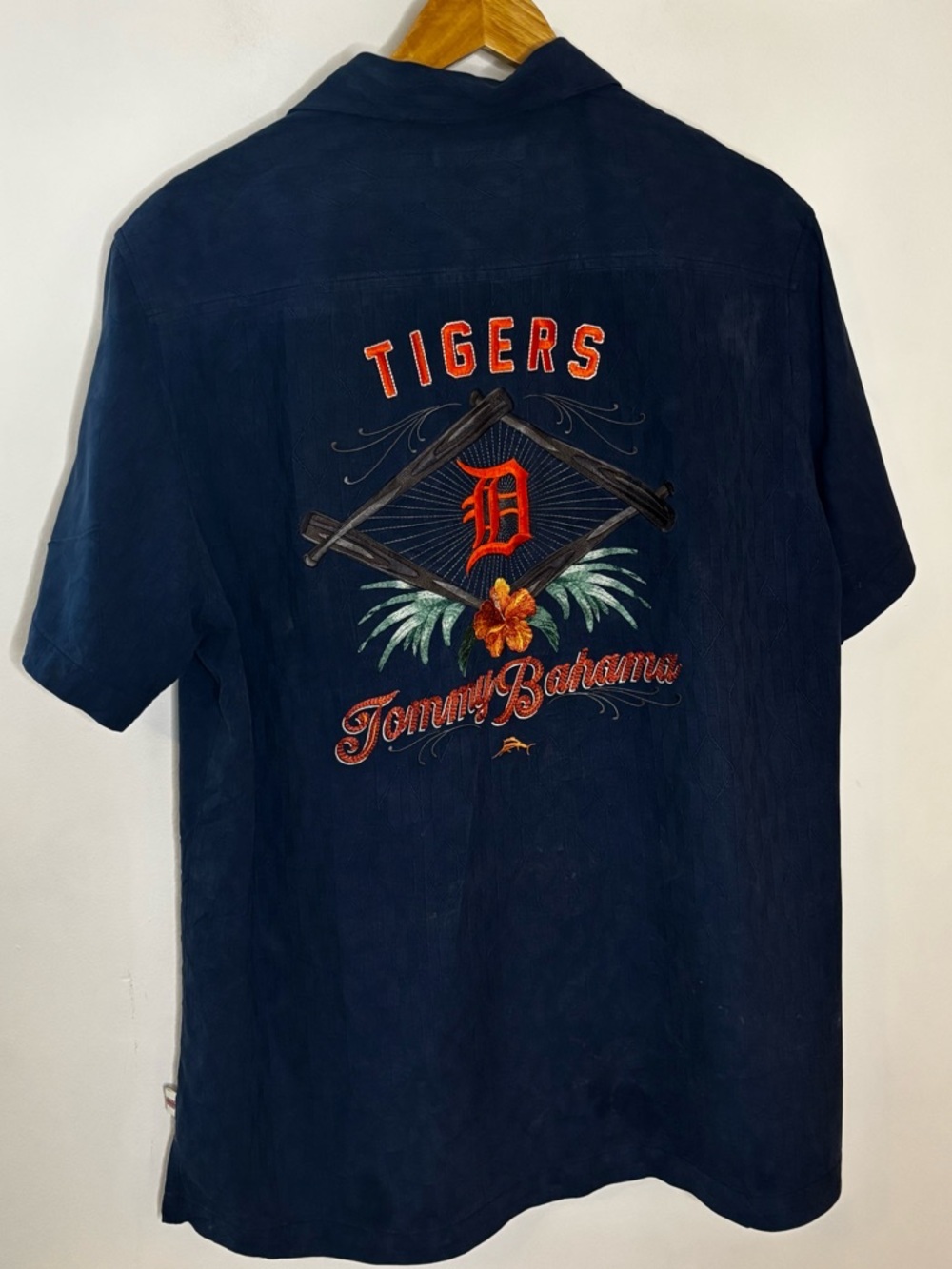 Tommy Bahama Navy Silk Embroidered Detroit Tigers Camp Shirt